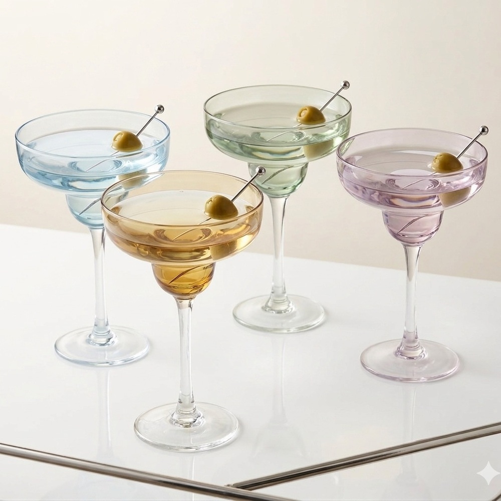 Set of 4 Vintage Hand-Blown Multi-Color Coupes/Martini Glasses 7”x 4”x 3”